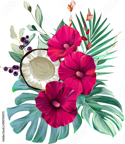 Tropical flower bouquet. Summer bouquet. Paradise flowers. Exotic, tropical bouquet.