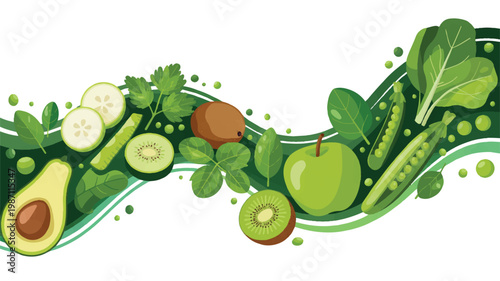 Fresh green fruits and vegetables on wave design
