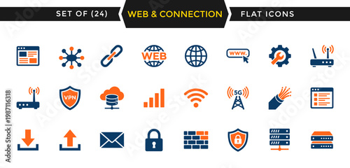 Website and connection icon set. Solid color icons set representing web, connection, internet technology, data network, and digital communication with simple vector illustrations.