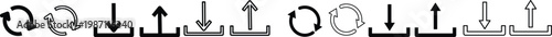 
Upload and download icons, arrow upload and download. Upload download icons in outline and flat style. download and upload icon button

