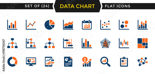 Data chart flat icons set. Collection of solid icons representing data charts, pie charts, bar graphs, and analytics diagrams for business presentations and websites.