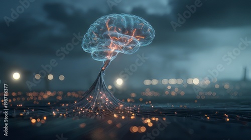 Artificial intelligence and neural networks for advanced technology, cognitive convergence of human cognition and machine learning. Brain is connected to a vast, sprawling lines, nodes networks.