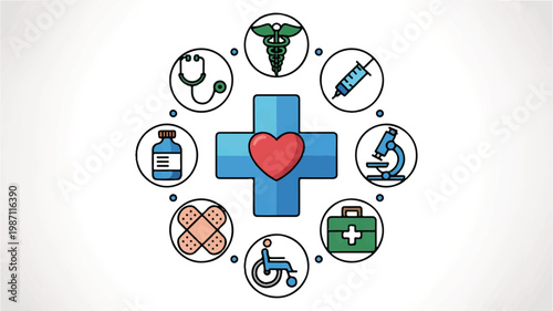 Medical icons and symbols in a circular pattern around a blue cross with a red heart