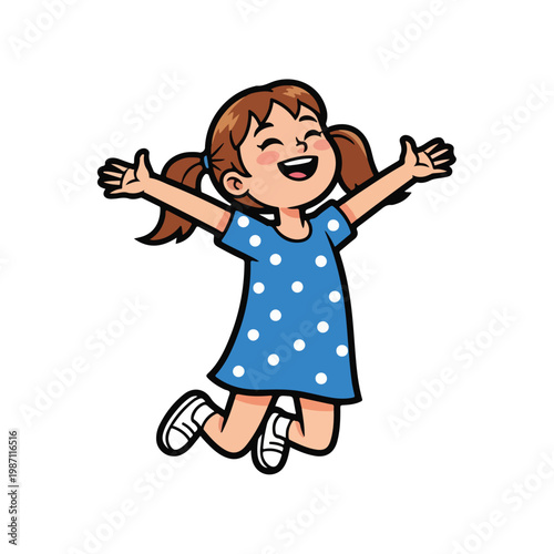 Joyful little girl in blue dress jumping with arms outstretched