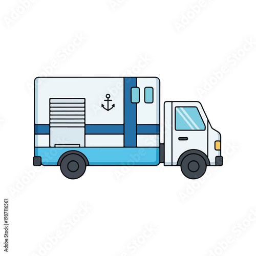 Simple cartoon delivery truck with anchor symbol on side panel
