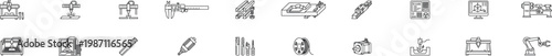 cnc machining and manufacturing outline icons set with milling machine lathe cutter drill caliper robot cad monitor and industrial equipment isolated on transparent background