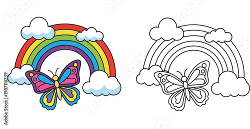 Cute Butterfly with Rainbow and Clouds Coloring Page for Kids, Nature Vector Illustration Set, Colored and Outline Line Art