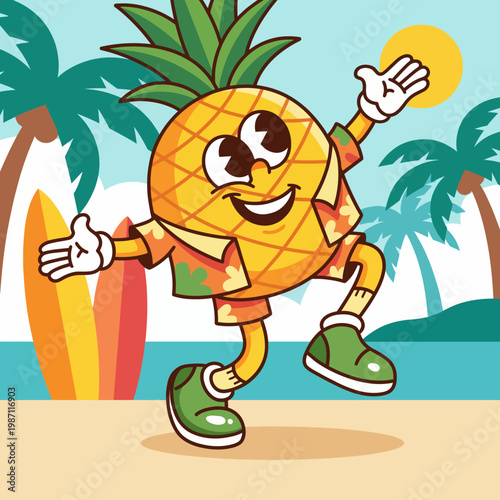 This lively pineapple character wearing summer attire radiates fun and joy while embodying the spirit of vacation, bringing a playful touch to a sunny beach scene.