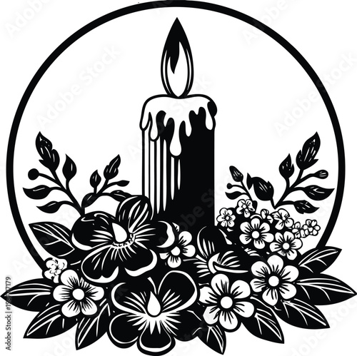 Black and white candle icon, floral wreath, vector illustration, monochrome design, candle flame