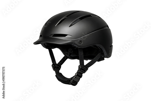 Matte Black Protective Safety Helmet with Adjustable Chin Strap Isolated on Transparent Background