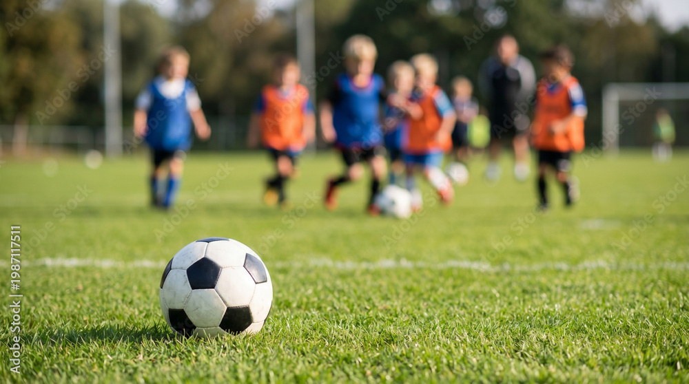 Obraz premium Classic soccer ball on a lush green grass field with a heavily blurred background of children playing, concept of youth sports training and active childhood