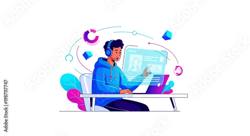 Man wearing headphones using laptop computer.