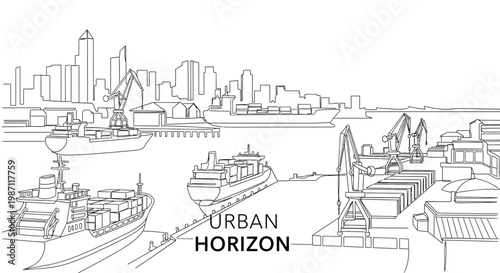 Sketch drawing of a bustling urban harbor with cargo ships and city skyline.