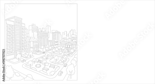 Black and white line art drawing of a modern cityscape with tall buildings.