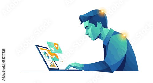 Man working on laptop computer.