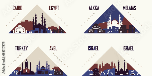 Minimalist travel poster featuring city skylines and country names