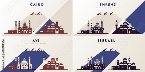 Stylized depictions of cairo thkens ayi and israel landmarks