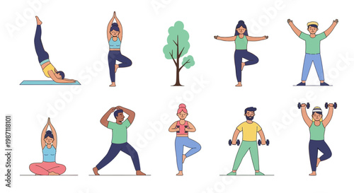People doing various yoga poses.