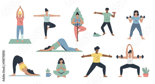 People doing various yoga poses and exercises.