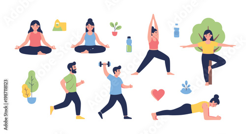 People doing various yoga poses and exercises.