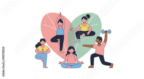 People doing various yoga poses together.