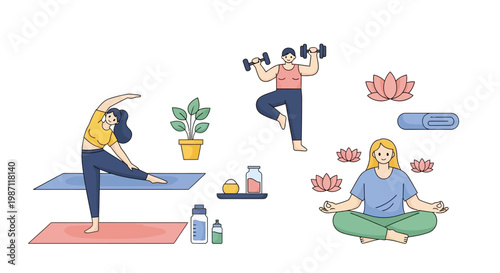 People doing yoga and exercise.