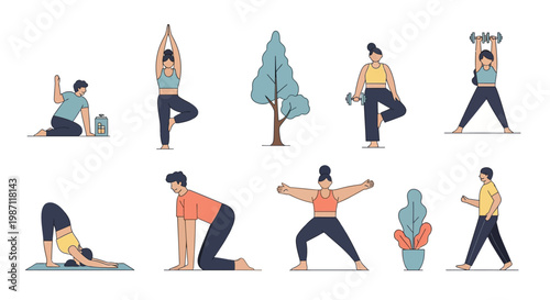 People doing various yoga poses.