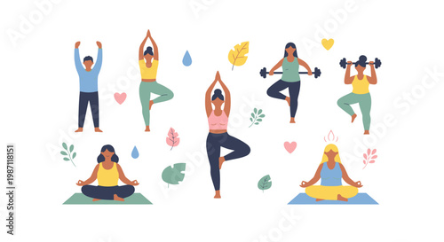 People doing various yoga poses together.