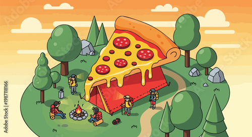 A delicious camping dream comes to life with a colossal pizza slice serving as a shelter for outdoor enthusiasts enjoying a cozy campfire in a vibrant, imagined wilderness
