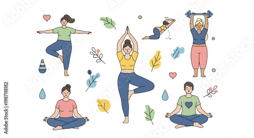 People doing yoga poses together outside.