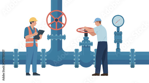 Two workers operating and monitoring industrial pipeline system