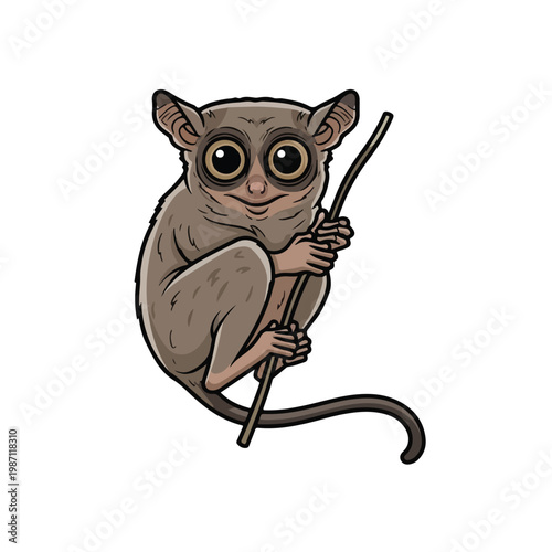 Cute cartoon tarsier sitting on a branch with big eyes