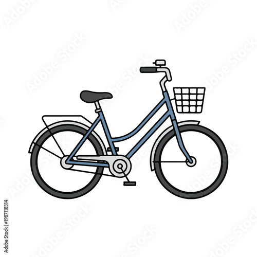 Blue bicycle with basket on white background