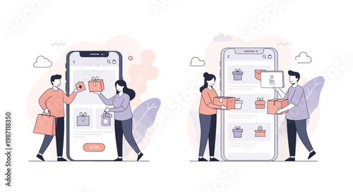 People interacting with large smartphones.