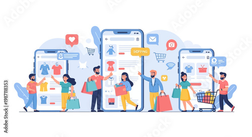 People interacting with large smartphones.