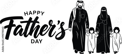 Happy father's day illustration arab family portrait in black and white