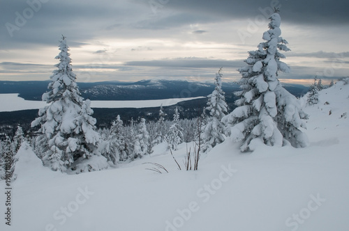 Landscape winter view of lake Zuratkul and Zuratkul national park, South Ural, Russia