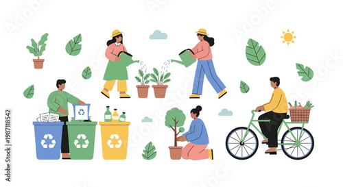 People recycling and planting trees together.