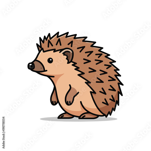 Cute cartoon hedgehog standing on white background looking left