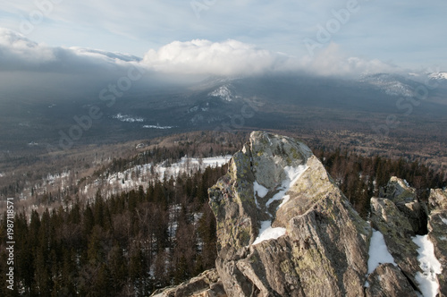 Picturesque landscape view of national park Zuratkul in winter from the top of Big Kalagaza mountain range, South Ural, Russia