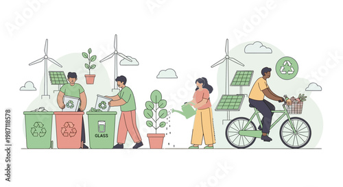 People recycling and using sustainable energy.