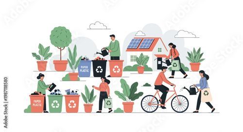People recycling and using renewable energy.