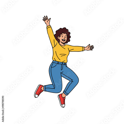 Woman in yellow shirt jumping with arms outstretched in mid air