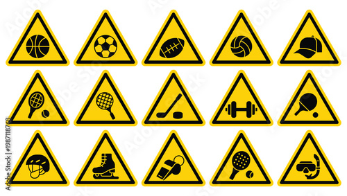 Warning Signs for Various Sports and Activities in Yellow Triangle Shapes
