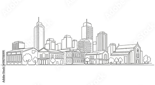 Hand drawn ink sketch of a generic modern city skyline.