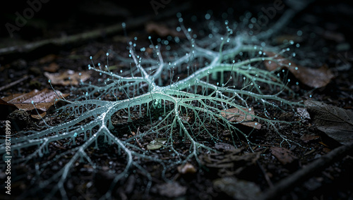 Macro Close-Up of Glowing Bioluminescent Mycelium Fungal Network with Tiny Blue Droplets Spreading Across Dark Forest Floor with Fallen Leaves, Fantasy Nature Science Concept