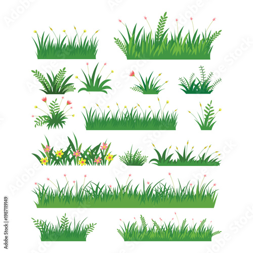 Grass border set isolated white background