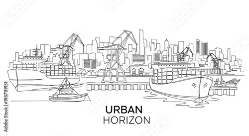 Hand drawn illustration of a busy industrial seaport city skyline.