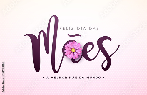 Foto Happy Mother's Day Greeting Card Illustration with Flower and Typography Lettering on Light Pink Background