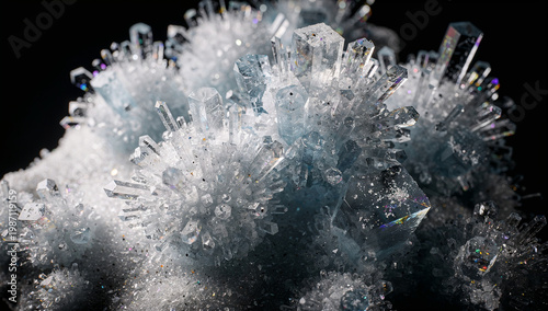 Macro Close-Up of Sparkling White Quartz Crystal Clusters with Rainbow Iridescent Reflections on Dark Black Background, Natural Mineral Gemstone Photography